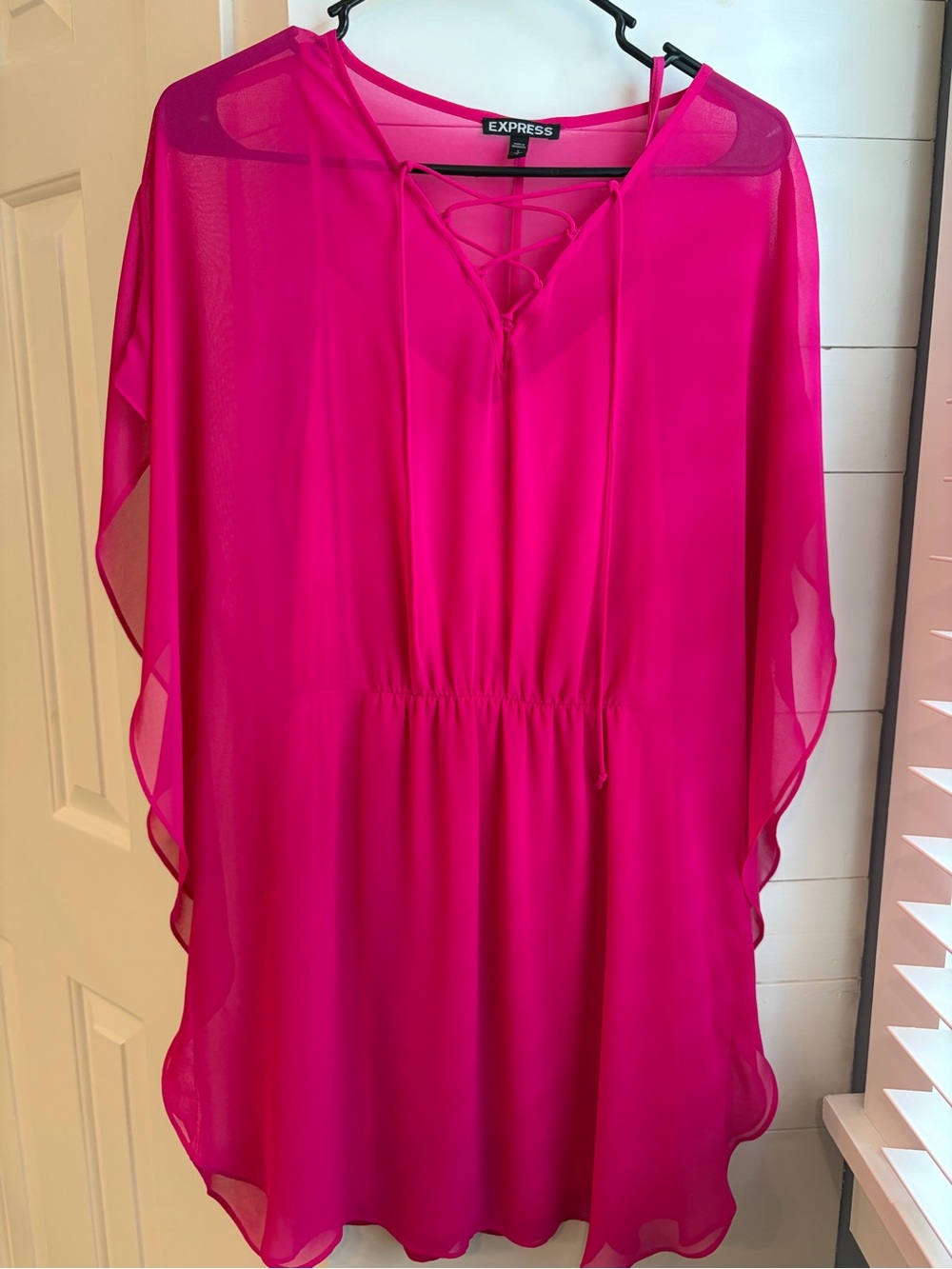Express Hot Pink Sheer Lace-Up Mini Dress